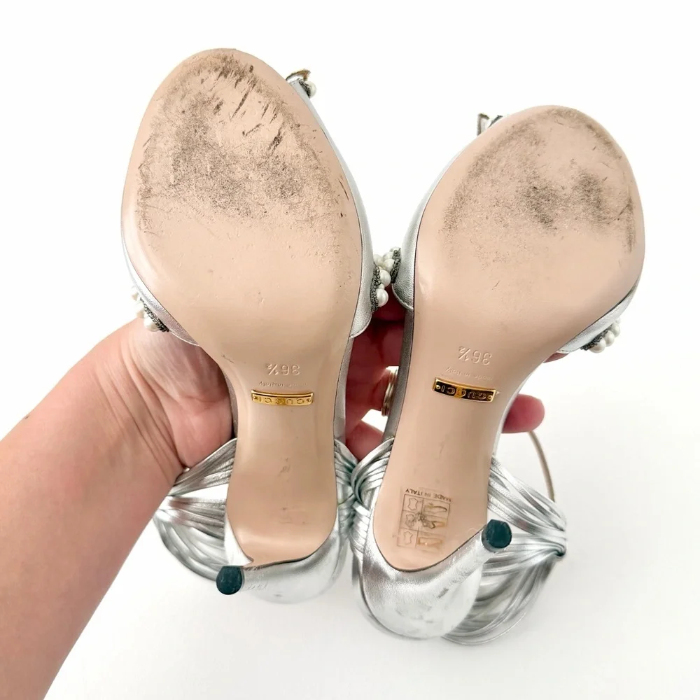 GUCCI || Allie Bow Metallic Pearl Crystal Bridal Sandals Silver Heels EU 36.5